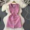 Summer Women Sweet Sleeveless Plaid Tweed Office Work Party Mini Short Vest Dresses