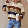 Women Sweater Round Neck Long Sleeve Knitted Tops Striped Print Loose Fit