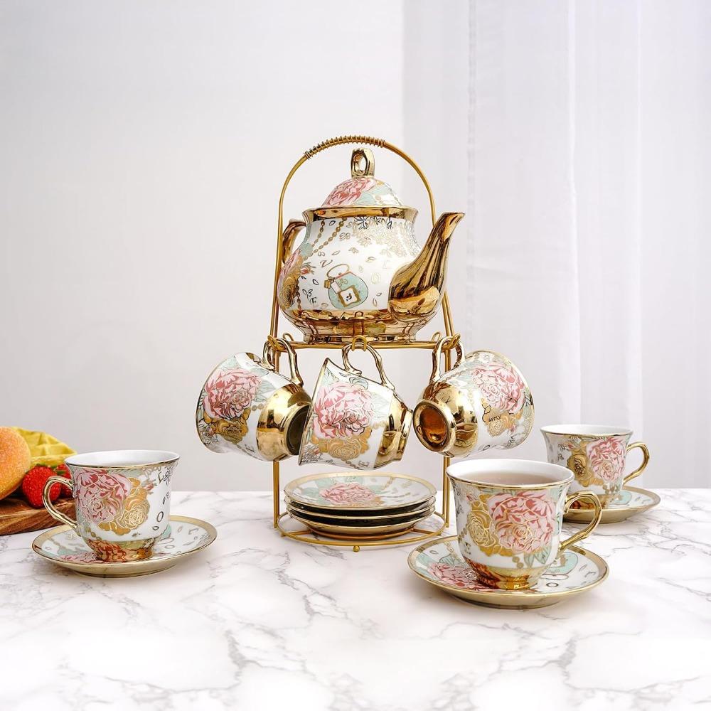 20 Pieces European Vintage Ceramic Tea Set, Adult Tea Set, Afternoon Tea Set (Golden Rose, Medium)