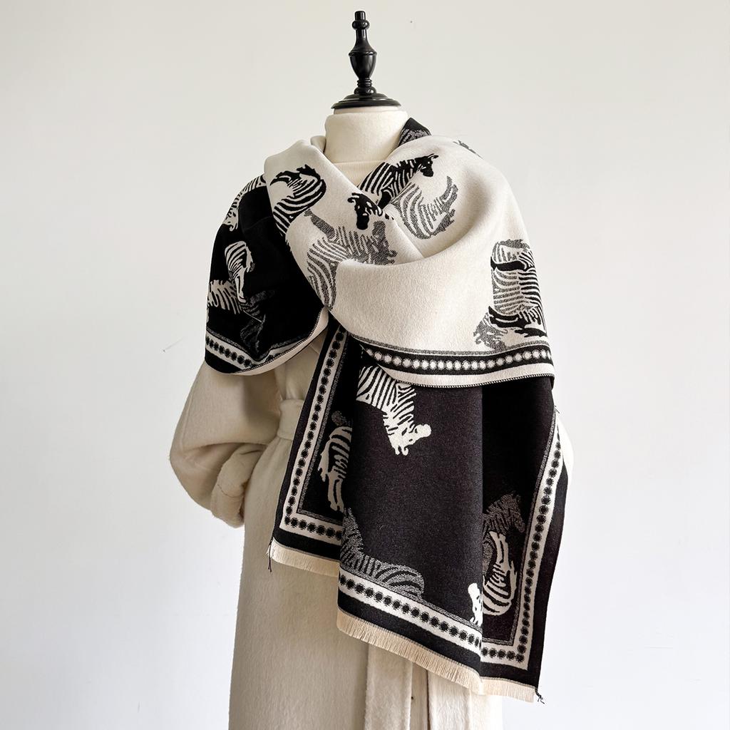 Women Luxury Warm Cashmere Poncho Shawl Scarves Zebra Print Thick Pashmina Winter Blanket Wrap Casual Hijab Stole Scarf