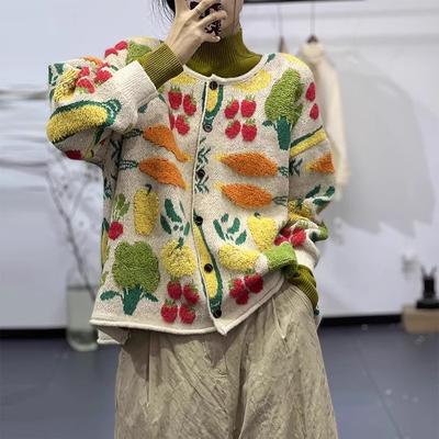 Зима Новинка Плюс Размер Осень Женщины Цветочные Пуговицы Свитера Куртка Вязание Мода Зеленый Оверсайз Повседневный Стиль Свободный Кардиган Свитер