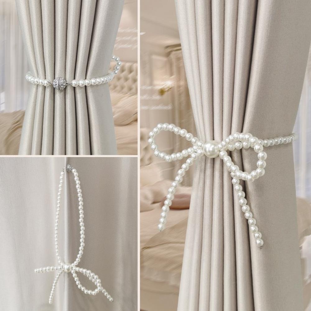 2pcs Pearl Bow Curtain Tieback Faux Pearl Pearl Magnetic Buckle Magnetic Curtain Strap Living Room