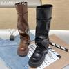 Platform Women Chunky High Boots Leather Fad Knee High Mid Heels Shoes 2025 Trend Designer Goth Winter Motorcycle Botas De Mujer