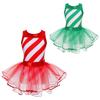 Girls Christmas Elf Santa Claus Costume Kids Shiny Striped Dance Dress Bowknot Tiered Tutu Skirt Jumpsuit for Performance