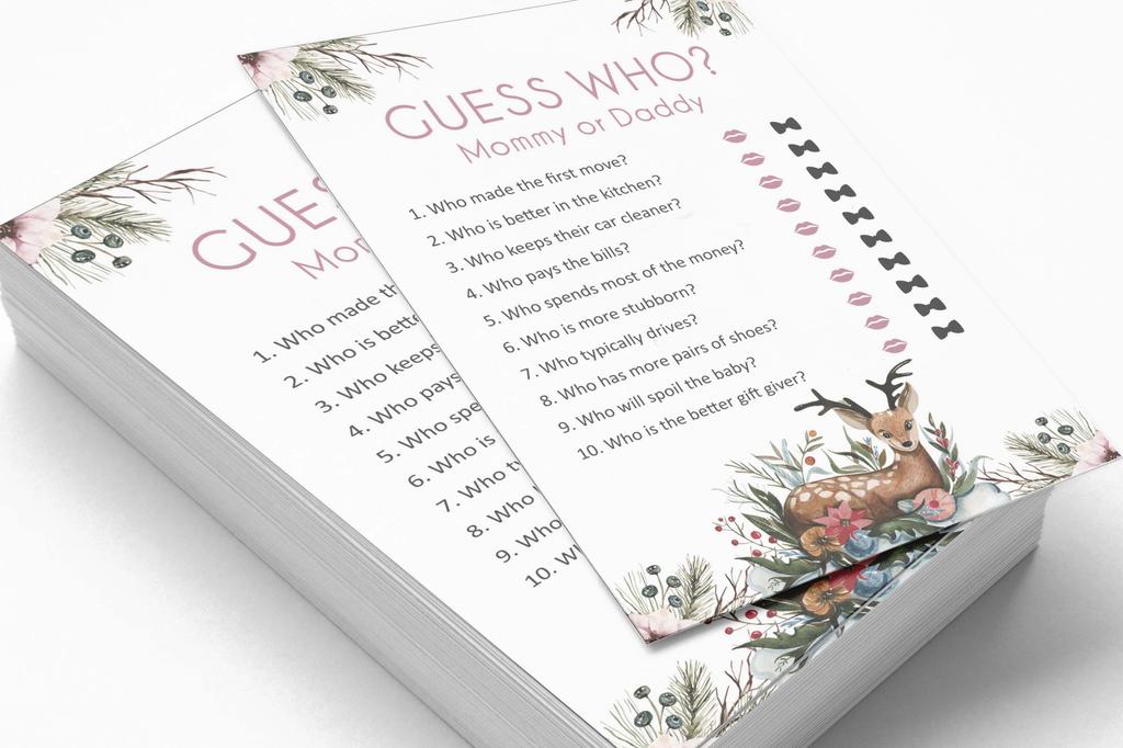 Inkdotpot Игра «Кто сказал это» Мама или папа 50 листов Веселая игра для детского душа Гендерно-нейтральные цветы и олени Животные Товары для вечеринки