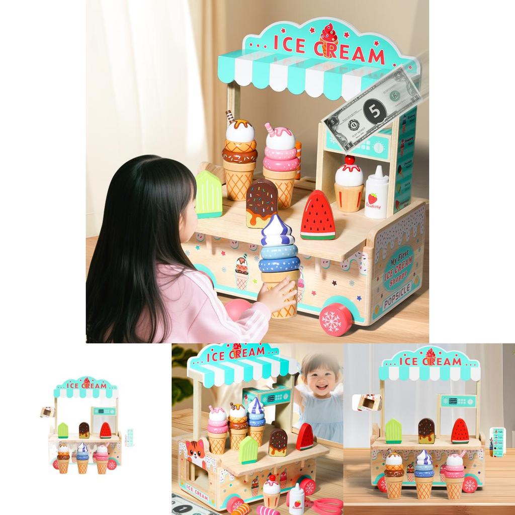 Wooden Simulation Ice Cream Cart Children Role Playing Toy Set For Imaginative Play And Parent Child Interaction