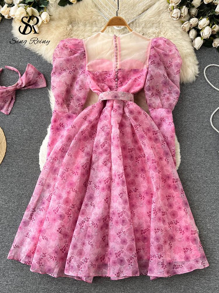 Женское винтажное длинное платье миди с цветочным принтом, летнее милое сетчатое праздничное платье принцессы с пышными рукавами и обручем для волос