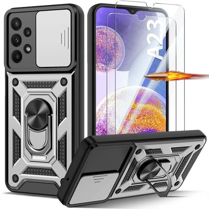 Case for Samsung Galaxy A23 5G - Silver - 2 Tempered Glasses - Camera Cover - Video Stand