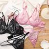 Sexy Hollow Lace Bra Set for Women Ultra-thin Underwear Deep V Bandage French Temptation Brassiere and Thongs Black Lingerie