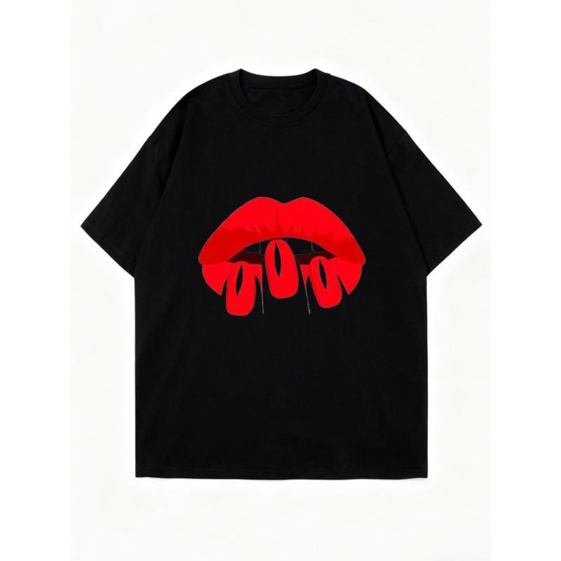 Oversized T Shirt Black Red Lips With Text Gogo Casual Wear For Women Summer Fashion Statement Top Street Style Outfit