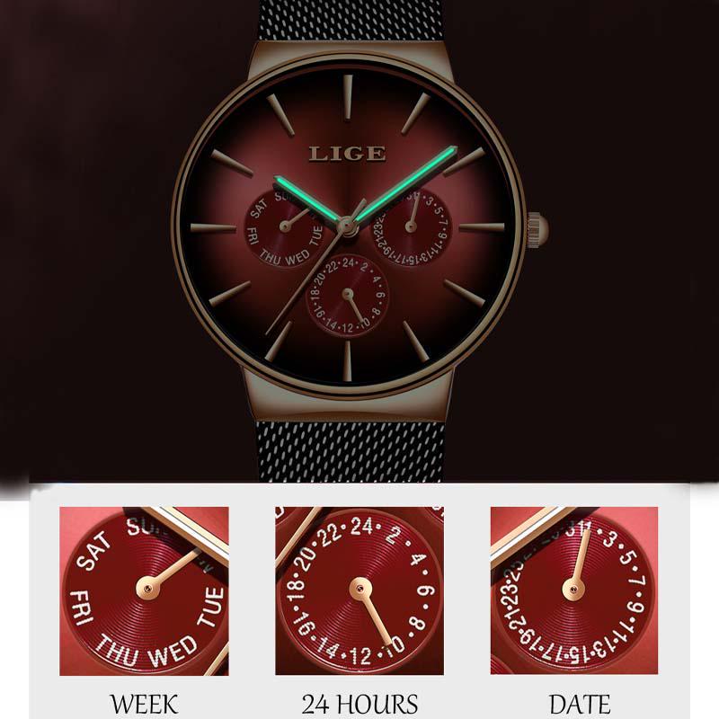 Мужские кварцевые часы LIGE в золотистом корпусе, на сетчатом браслете. Подарочная упаковка