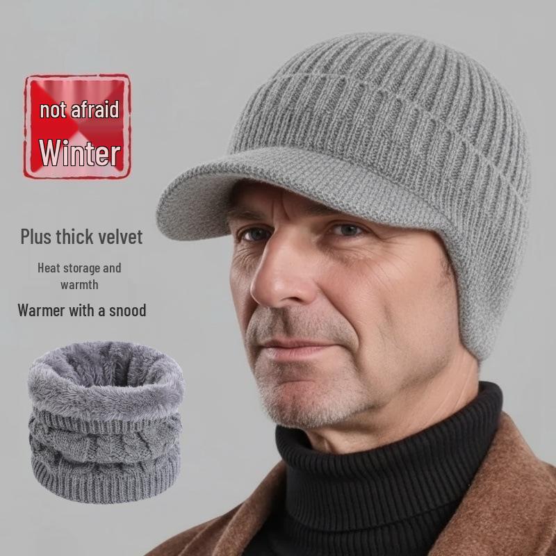 Мужская зимняя ветрозащитная вязаная шерстяная шапка на флисовой подкладке с защитой ушей