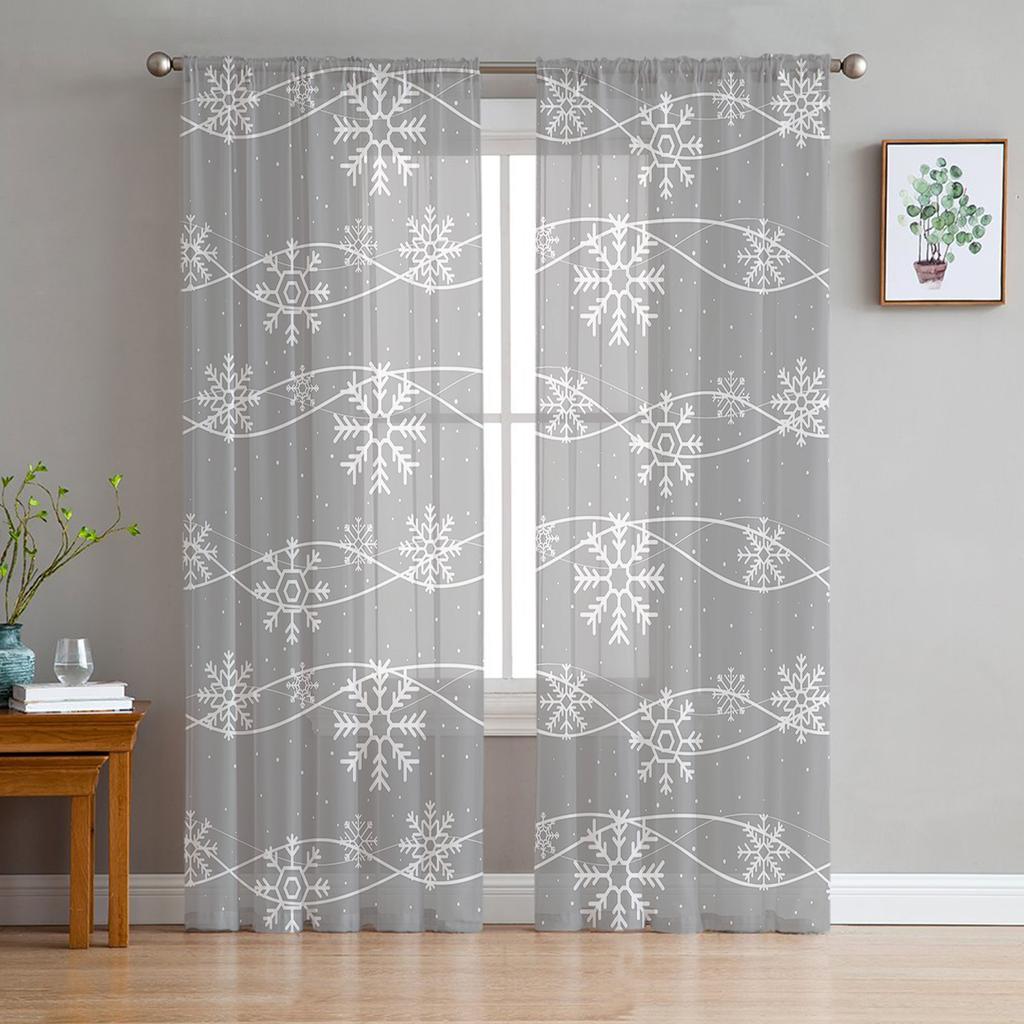 Winter Snowflakes Grey Background Sheer Curtains For Kids Bedroom Living Room Voile Curtains Xmas Kitchen Tulle Curtain