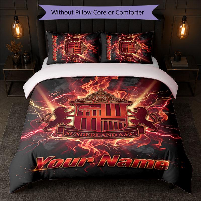 Sunderland FC Custom Name Text Bedding Set 1 Duvet Cover+2 Pillowcases Soccer Logo Personalized Gift For Special Occasion Bedroom Decor