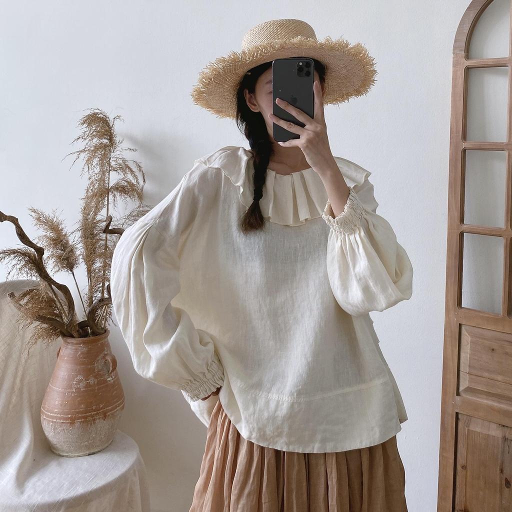 Johnature Простые винтажные льняные женские однотонные рубашки с оборками на воротнике, весенне-осенние свободные универсальные женские блузки