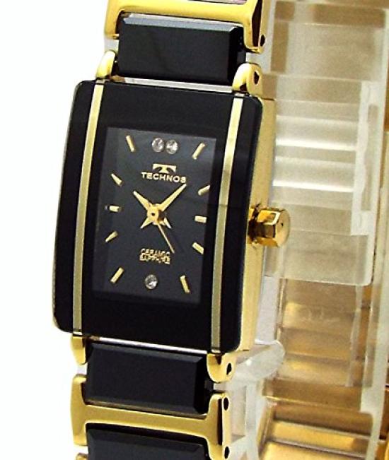 TECHNOS Женские часы Элегантные Керамические Черный Циферблат Золотая Комбинация Браслет-Сердце Набор TSL906GB-SET [Товар]