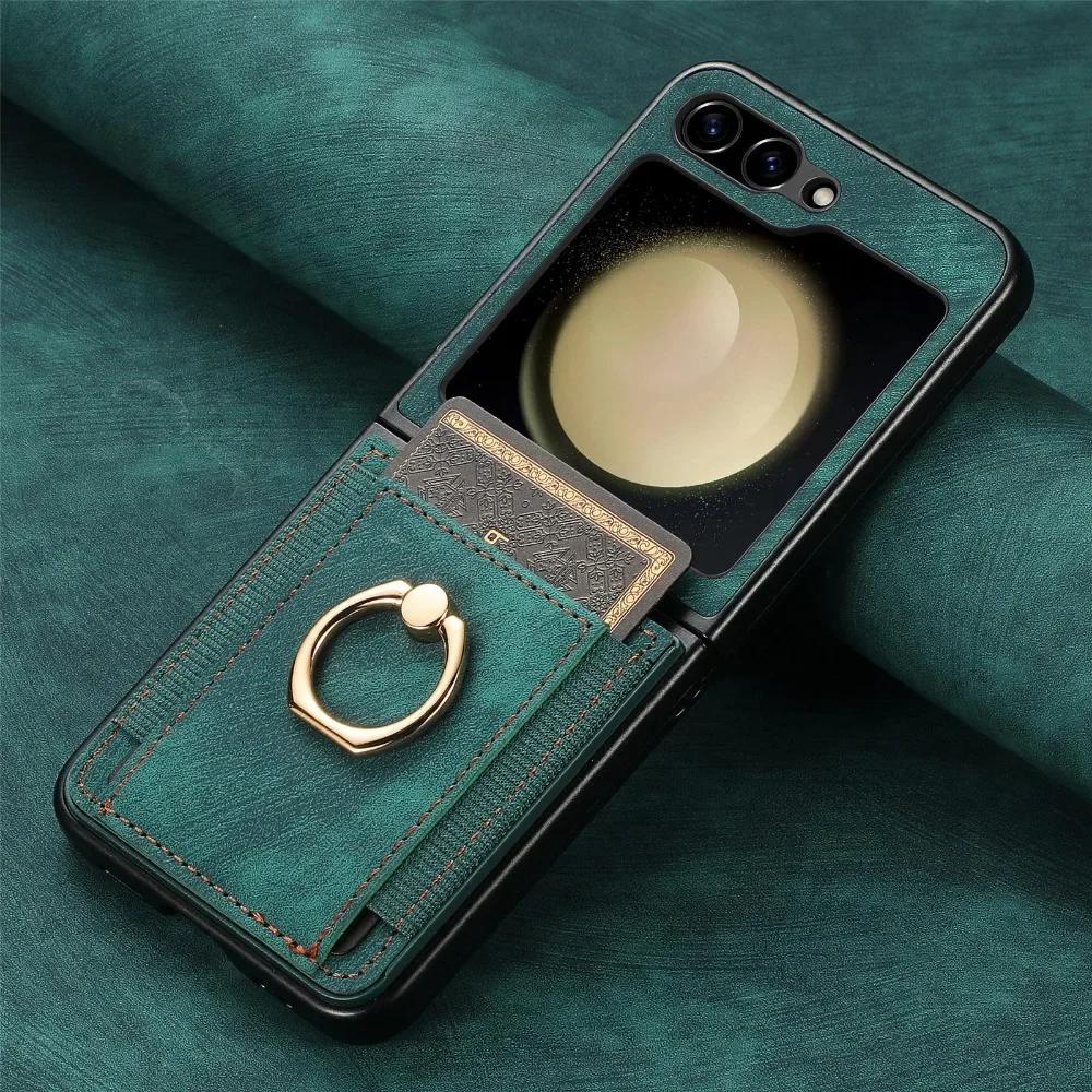Retro PU Leather Wallet Cover for Samsung Z Flip 6 5 4 3 2 Flip6 Flip5 Flip4 Flip3 Flip2 5G Ring Card Slot Holder Phone Case