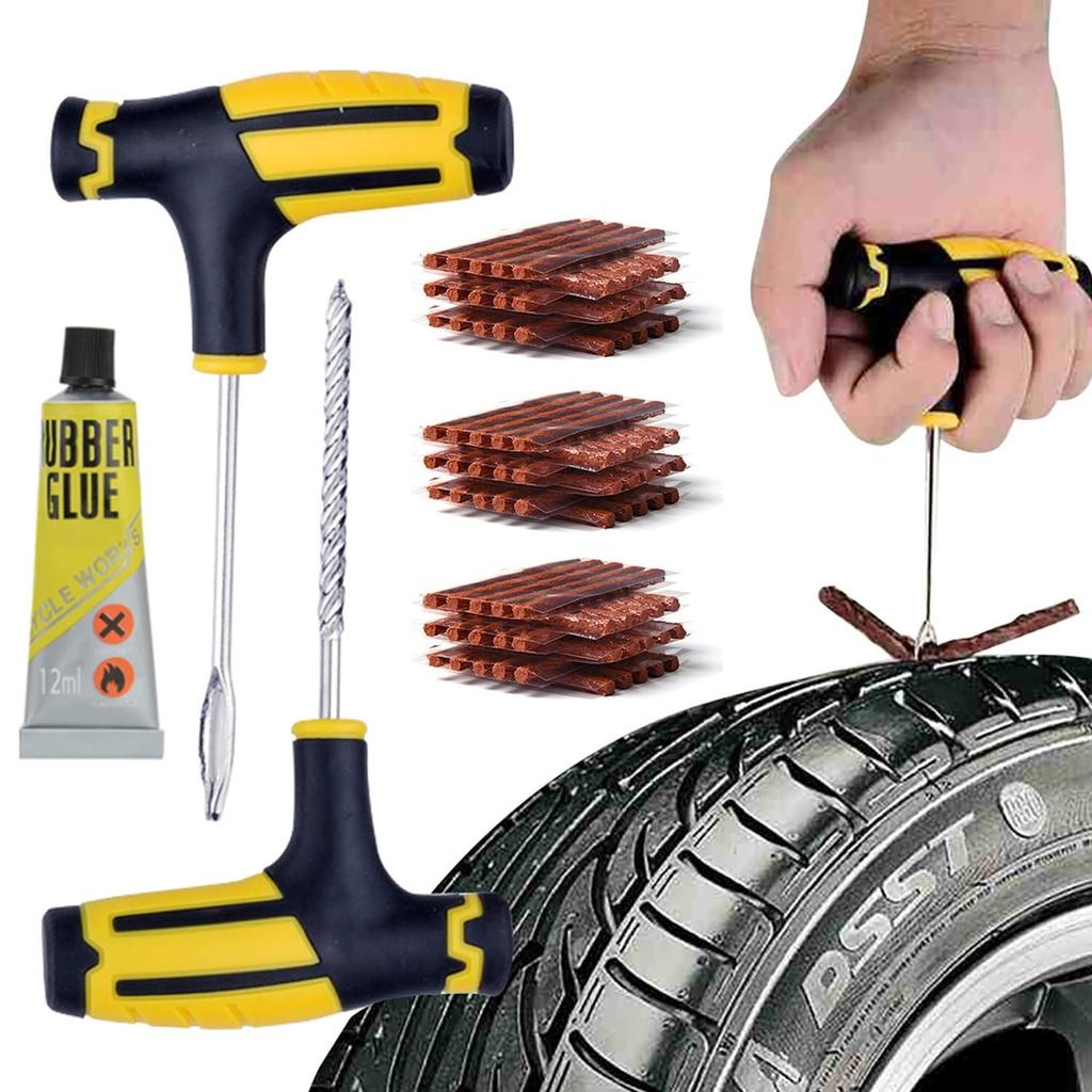 Tire Repair Kit with T-Handle Reamer and Insertion Tools Rubber Glue and Plug Strips for Car Motorcycle Bicycle Tire Puncture Repair