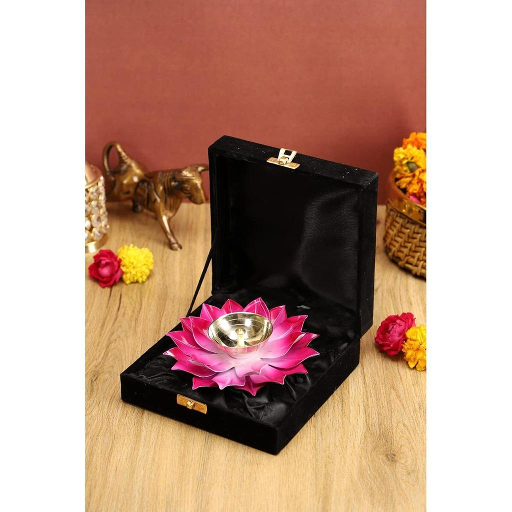 Brass and Metal Lotus Pink Design Diya for Puja Home Decoration Item Gift, Specially Made for Diwali Gifting.