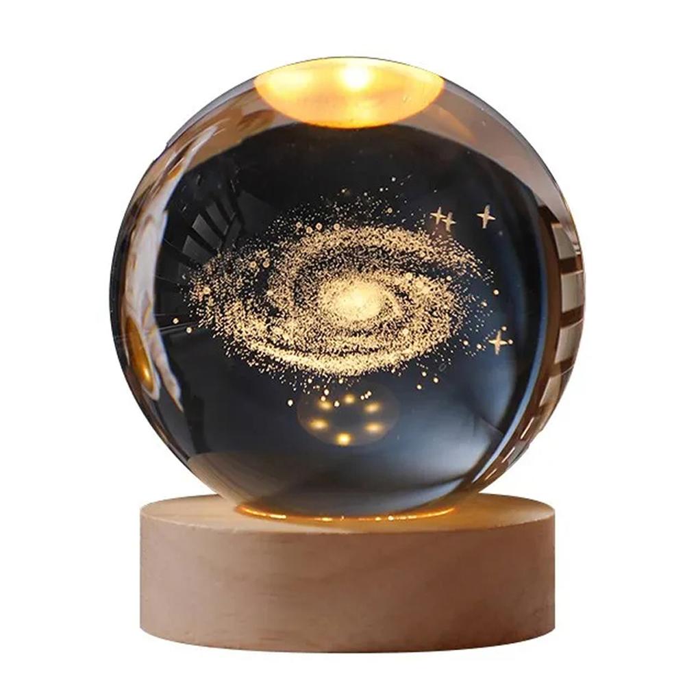 3D Galaxy Crystal Ball Lamp Лазерная гравировка Ночной светильник с деревянной основой для декора спальни,