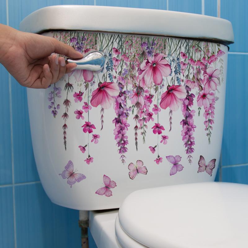 Pink Flower Butterfly Self-adhesive Toilet Seat Sticker Detachable Cute Decor for Girls Private Bathroom Decoration