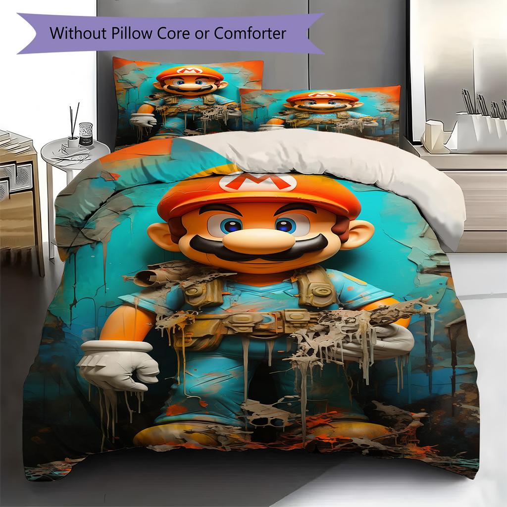 Cartoon Game Mario Duvet Cover Set Skin-friendly Polyester Bedding Comforter Cover Pillowcase Set -QJY