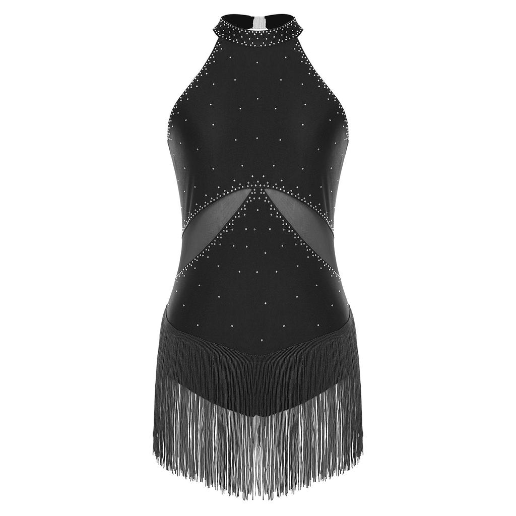 Женский латиноамериканский купальник с блестящими стразами, бахромой, сетчатыми вставками, с вырезом на спине, боди для выступлений