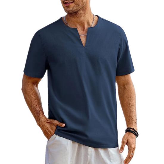 Мужская летняя футболка однотонная с коротким рукавом и v-образным вырезом, мягкий дышащий хлопок и лен, пуловер средней длины, повседневный повседневный пляжный топ