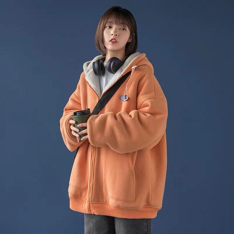Lamb Wool Coat Women's Lazy Cardigan Sweatshirt Fleece Lined Thickened Loose Korean Style Chic Autumn Winter Hooded Top