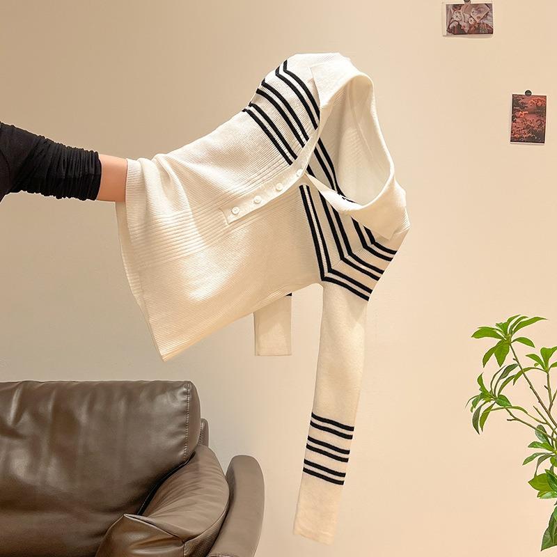 Contrasting Striped Knitted Long-sleeved Bottoming Shirt with Women's Autumn Clothes New Semi-open Neck Long-sleeved Top