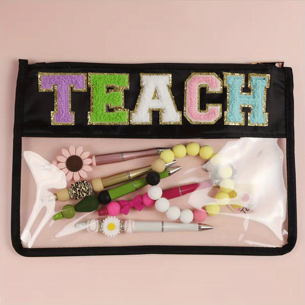 1pc Black Waterproof Transparent PVC Zipper Toiletry Makeup Pouch Personalized Embroidery Chenille Letter Patches Teach Letter Cosmetic Bag Pencil