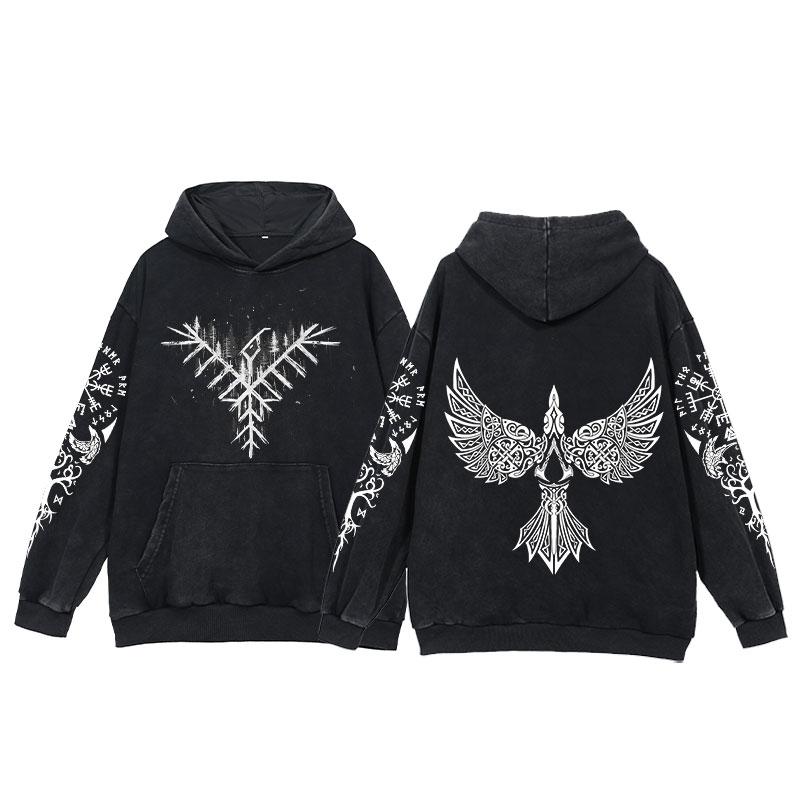 2024 Viking Hoodies Men Tattoo Print Acid Wash Hoodie Cotton Loose Long Sleeve Pullover Vintage Oversized Casual Hooded Sweatshi