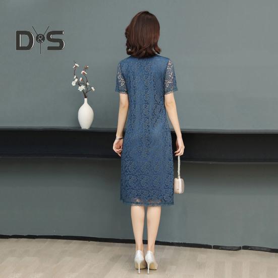 Women Dress Hollow Out Lace Round Neck Solid Color Flower Embroidery A Line Loose Hem Double Layers Knee Length Short Sleeve Lady Midi Dress