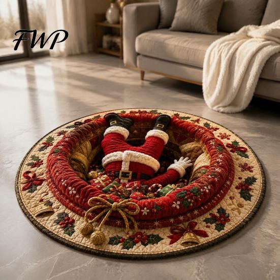 Non-slip Bedroom Mat Christmas Round Area Rug, 3D Optical Illusion Carpet, Stain & Wear Floor Resistant Throw Rug for Living Room Sofa Holiday