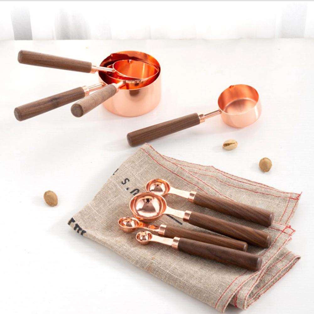 Gold Wooden Handle Kitchen Heavy Duty Baking Tool Sugar Scoop Measuring Cups Measuring Spoons Set