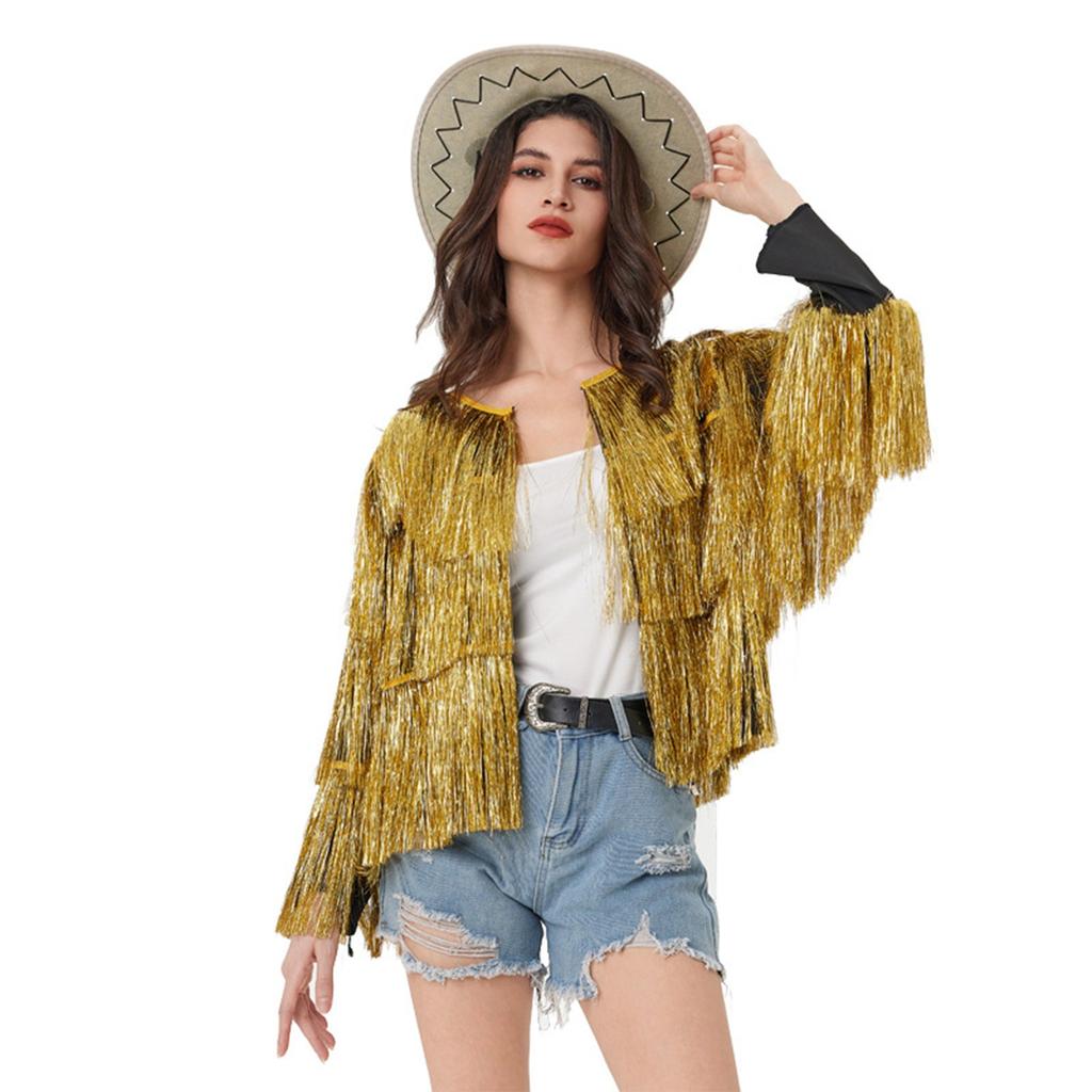 Women's Sequin Fringe Jackets Sparkly Tassel Hem Long Sleeve Open Front Jacket Outerwear