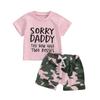Baby Girl 2Pcs Summer Outfits Short Sleeve Letter Print Tops + Camouflage Shorts Set Infant Clothes