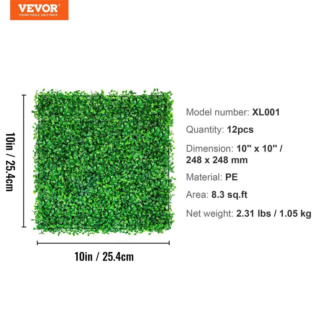 Artificial Boxwood Panel 12pcs 10" X 10" Grass Hedge Wall Mat for Fence