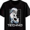 Унисекс S Графическая футболка  Смешной портрет DJ Техно  Крупный текст TECHNO  Черная клубная футболка Для рейвов