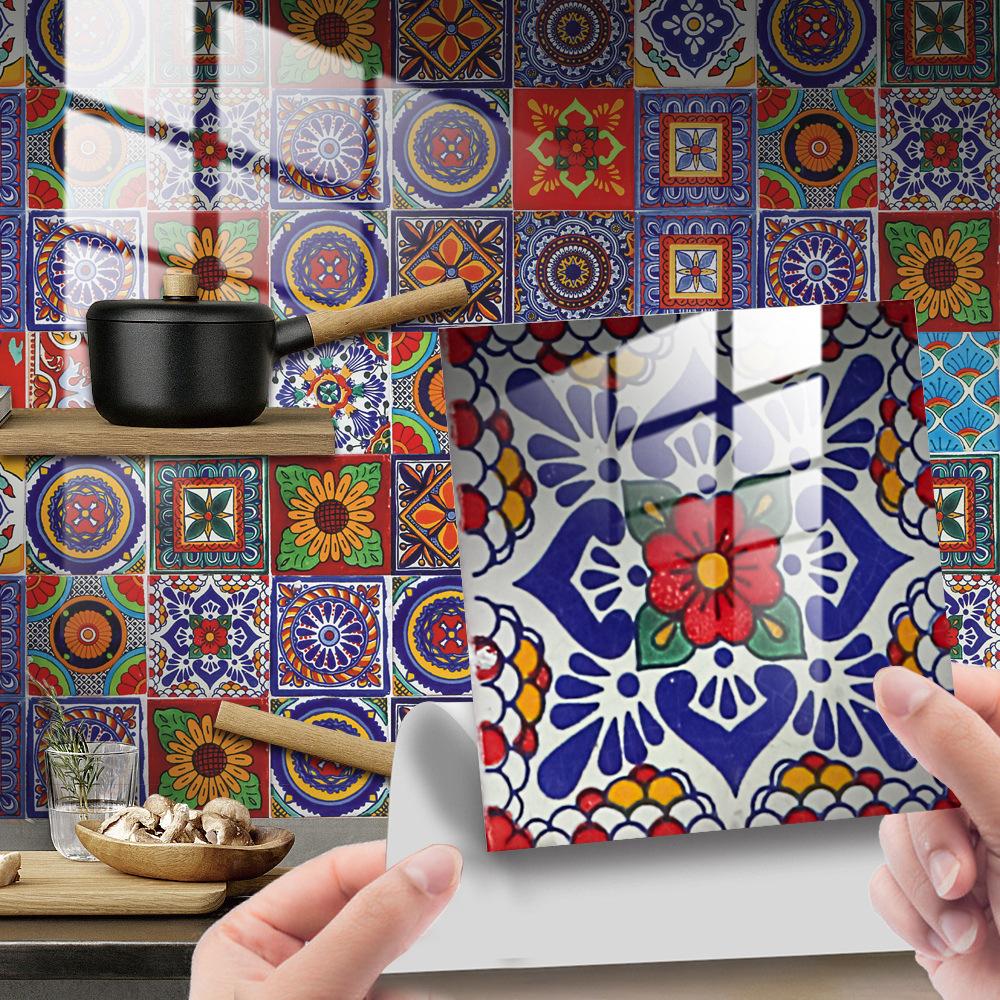 Moroccan Tile Stickers,24 Pcs 15 * 15cm Vintage Self Adhesive Vinyl Tile Decals Wall DIY Tile Stickers Home Decoration for Kitchen Living Bedroom