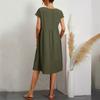 Women Dress Round Neck A-line Pleated Short Sleeve Pure Color Knee Length Loose Hem Side