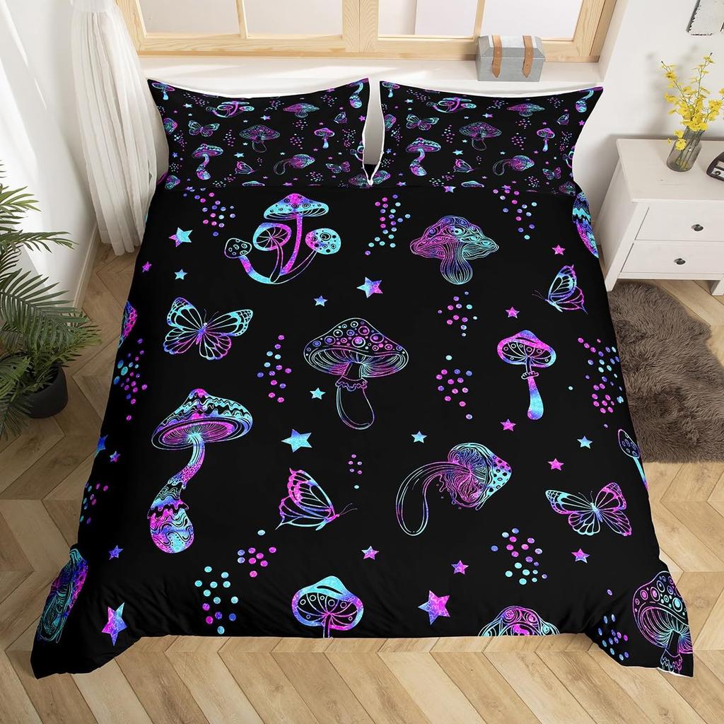 Red Mushroom Kawaii Comforter Set Twin Size Kids Bedding Set Botanical Plant Theme Print Quilt Bed Set for Boys Girls Adults