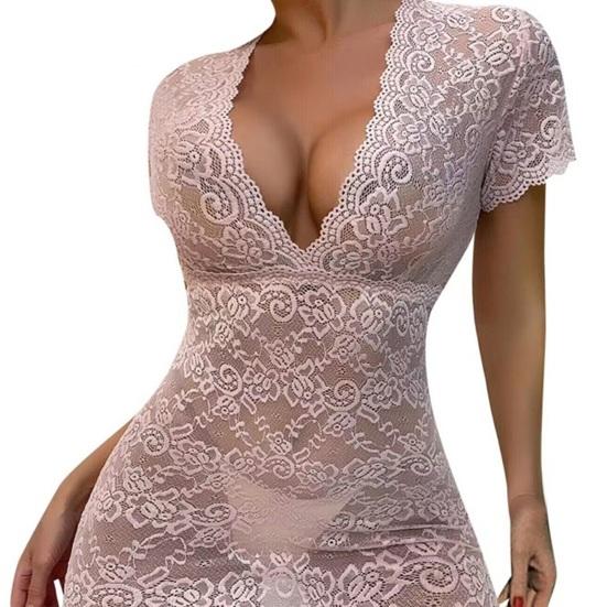 Женское ночное платье-футляр с тонким прозрачным кружевом с тонким коротким рукавом и глубоким вырезом с V-образным вырезом и цветком