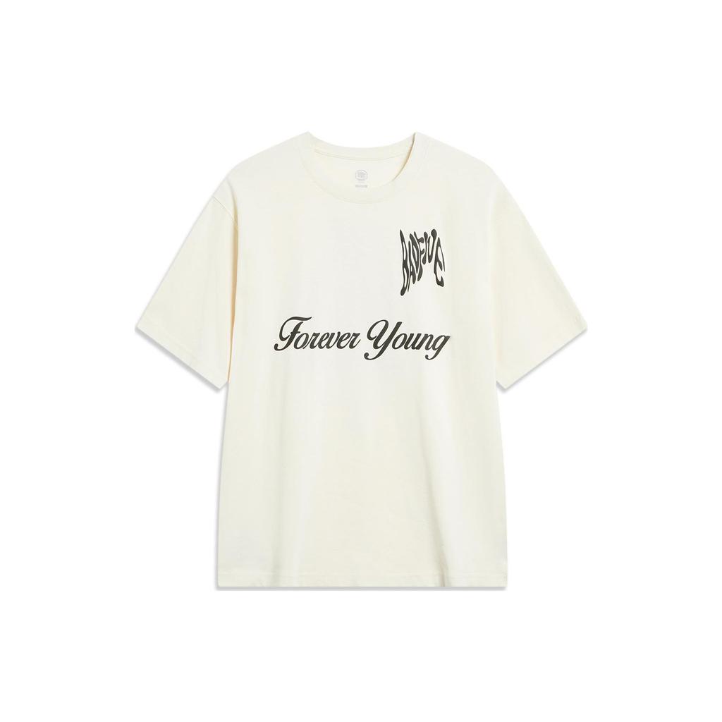 Li-Ning Badfive Letter Print Crew Neck Short Sleeve T-Shirt Unisex Tops Off-White AHST917-1