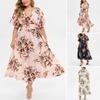 Women Dress V Neck High Elastic Waist Flower Printing A-line Big Hem