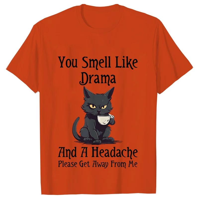 Black Cat Coffee T-shirts Women Pet Cartoon Tshirts You Smell Like Drama Print Women's Clothing Cat Mom Women Tee T-Shirts Women’s