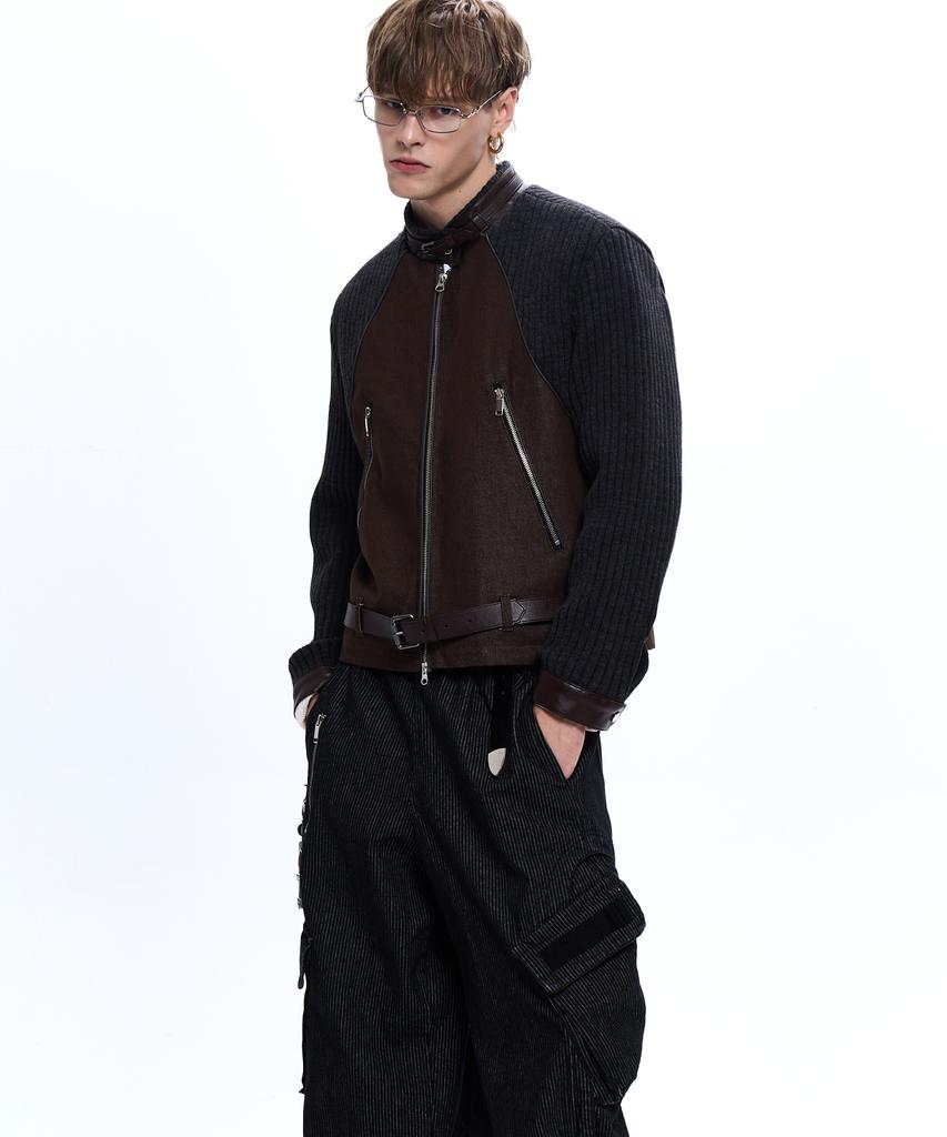 Rssc Knit & Denim Belted Biker Jacket - Brown