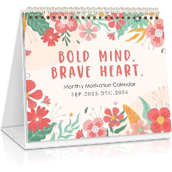 SKYDUE Small Desk Calendar 2025-2026 - 8" x 7", Sept 2025 to Dec 2026 with Sassy & Motivational Quotes, Thick Paper Standing Flip Desktop Calendar