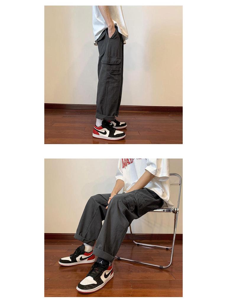 Мужские летние брюки карго цвета милитари - Тонкие прямого кроя, в японском стиле ситибой, ретро американский уличный скейтборд дизайн