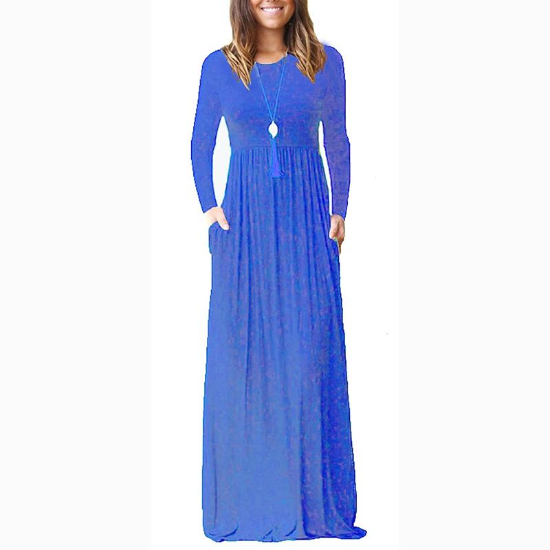 Весна-лето с длинным рукавом и коротким рукавом, однотонное повседневное платье с круглым вырезом, повседневные длинные платья, женское осеннее платье с эластичной резинкой на талии 18184